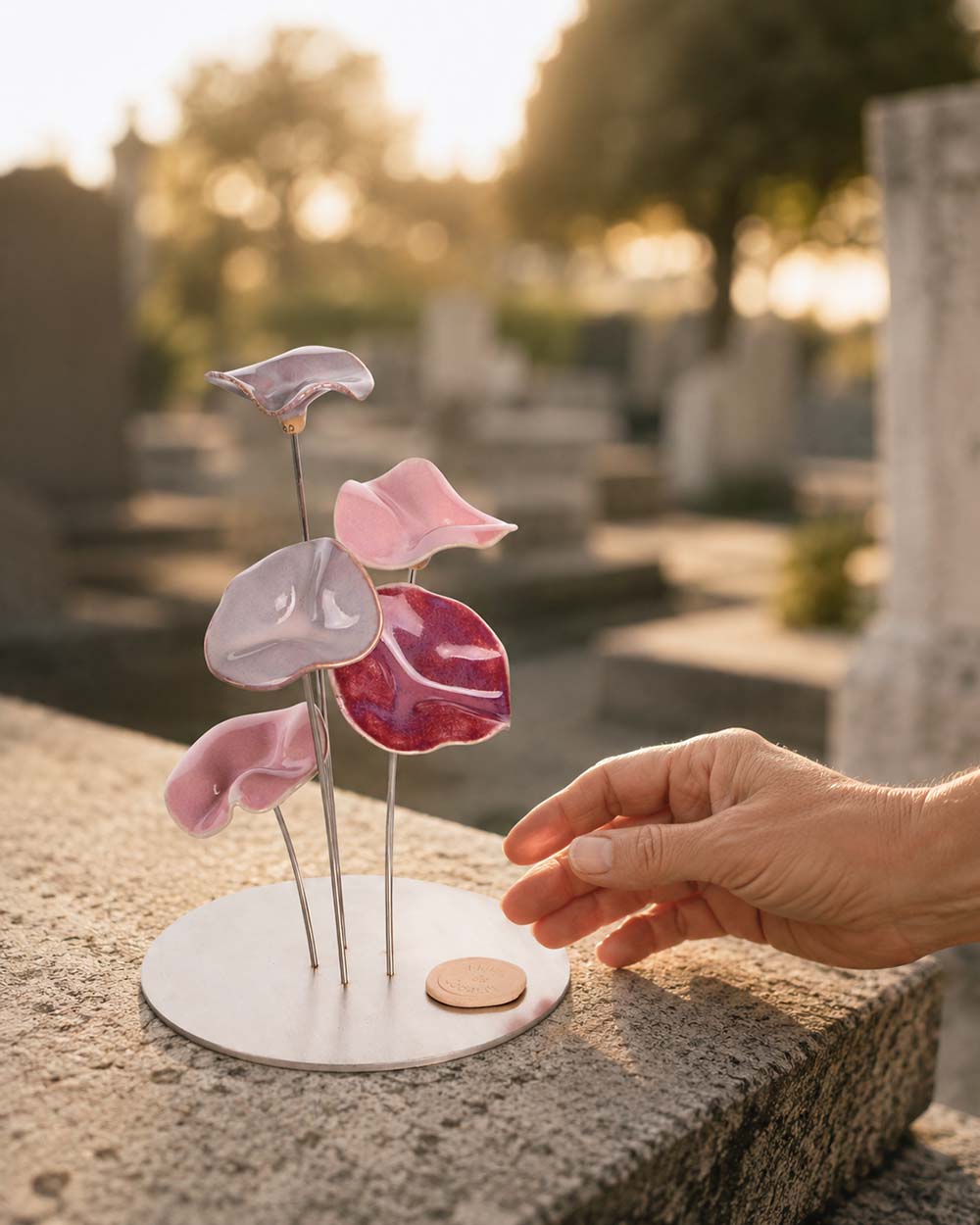 Composition rose pâle et rosée de fleurs artificielles pour cimetière en céramique, posée sur une sépulture extérieure, modèle bestseller fait main en Alsace