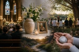 Cérémonie funéraire sobre dans une chapelle, avec une urne entourée de bougies, de fleurs blanches et de proches recueillis lors d’un hommage au défunt.