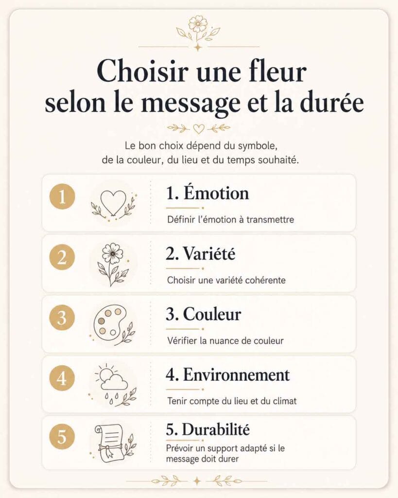 Infographie en cinq étapes pour choisir une fleur : définir l’émotion, sélectionner une variété, vérifier la couleur, tenir compte du lieu et prévoir un support durable.