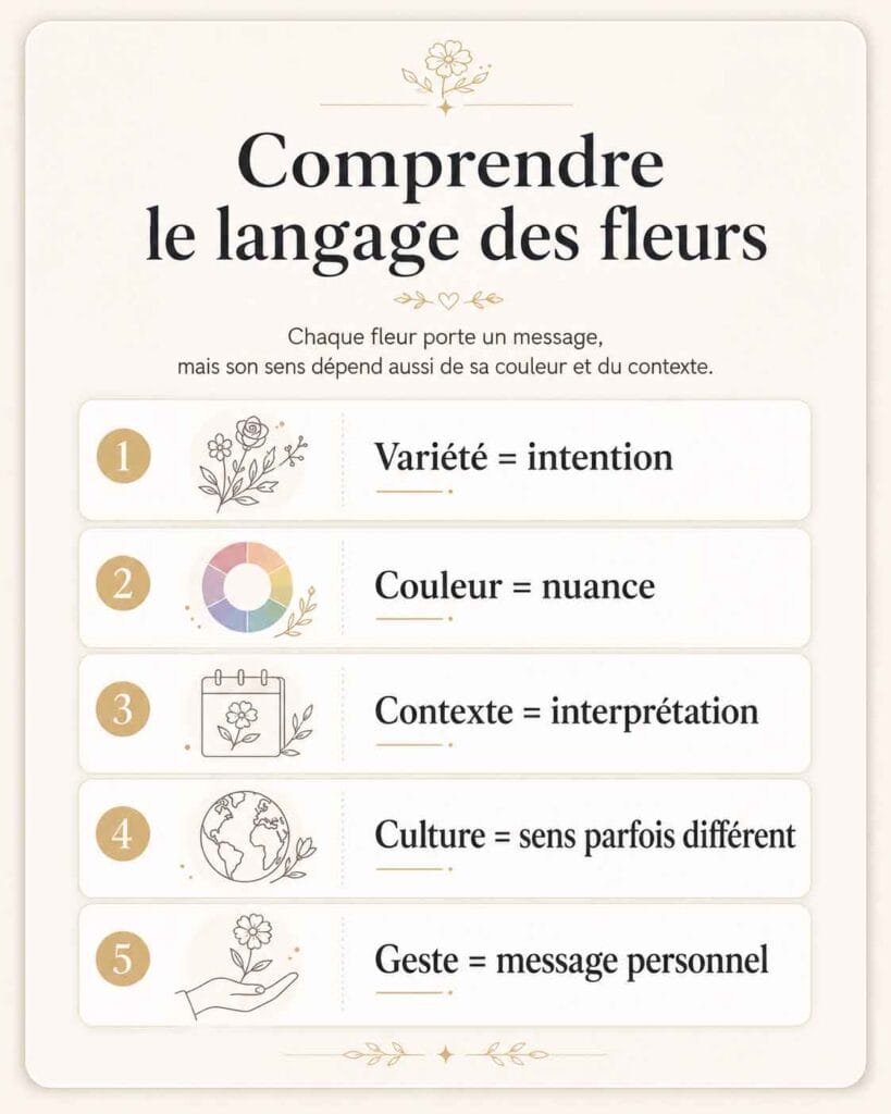 Infographie expliquant les bases du langage des fleurs : la variété exprime l’intention, la couleur nuance le message, le contexte et la culture influencent l’interprétation.