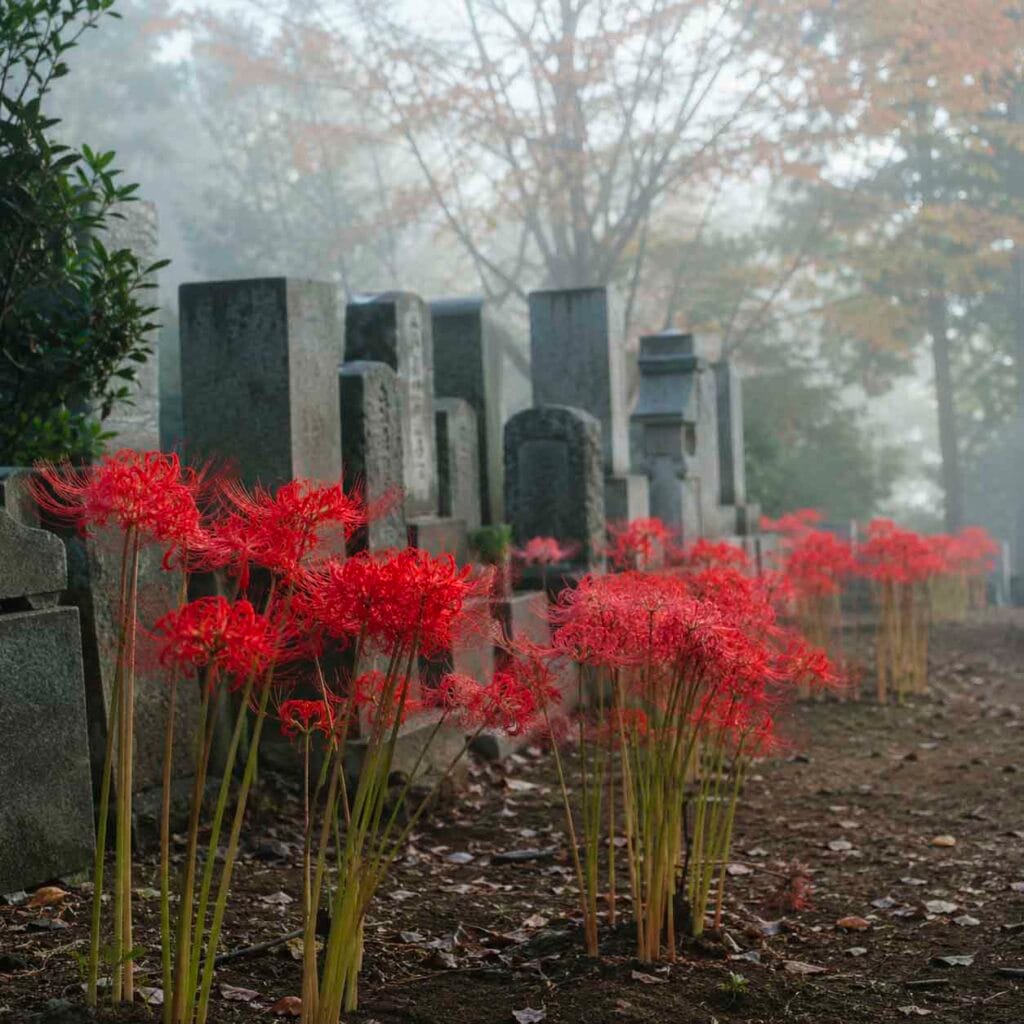 Fleurs de la mort rouges, aussi appelées Lycoris radiata ou Higanbana, photographiées dans un cimetière japonais brumeux.