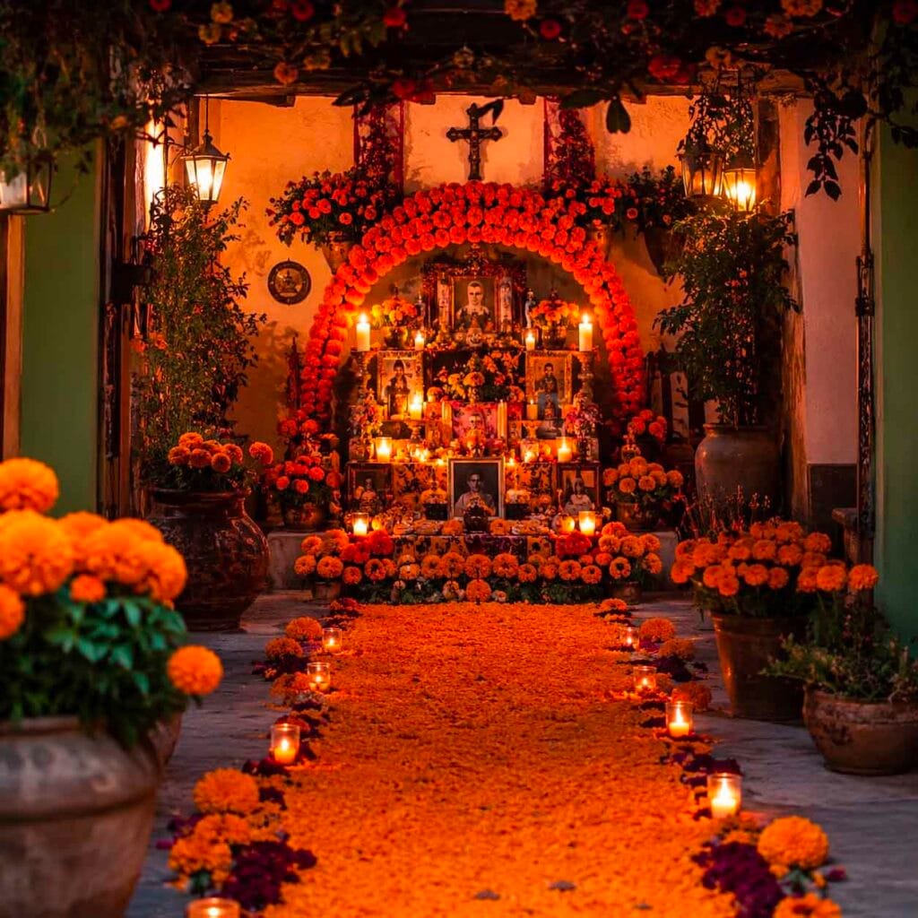 Autel mexicain du Día de los Muertos décoré de Cempasúchil orange, de bougies et d’offrandes en hommage aux défunts.