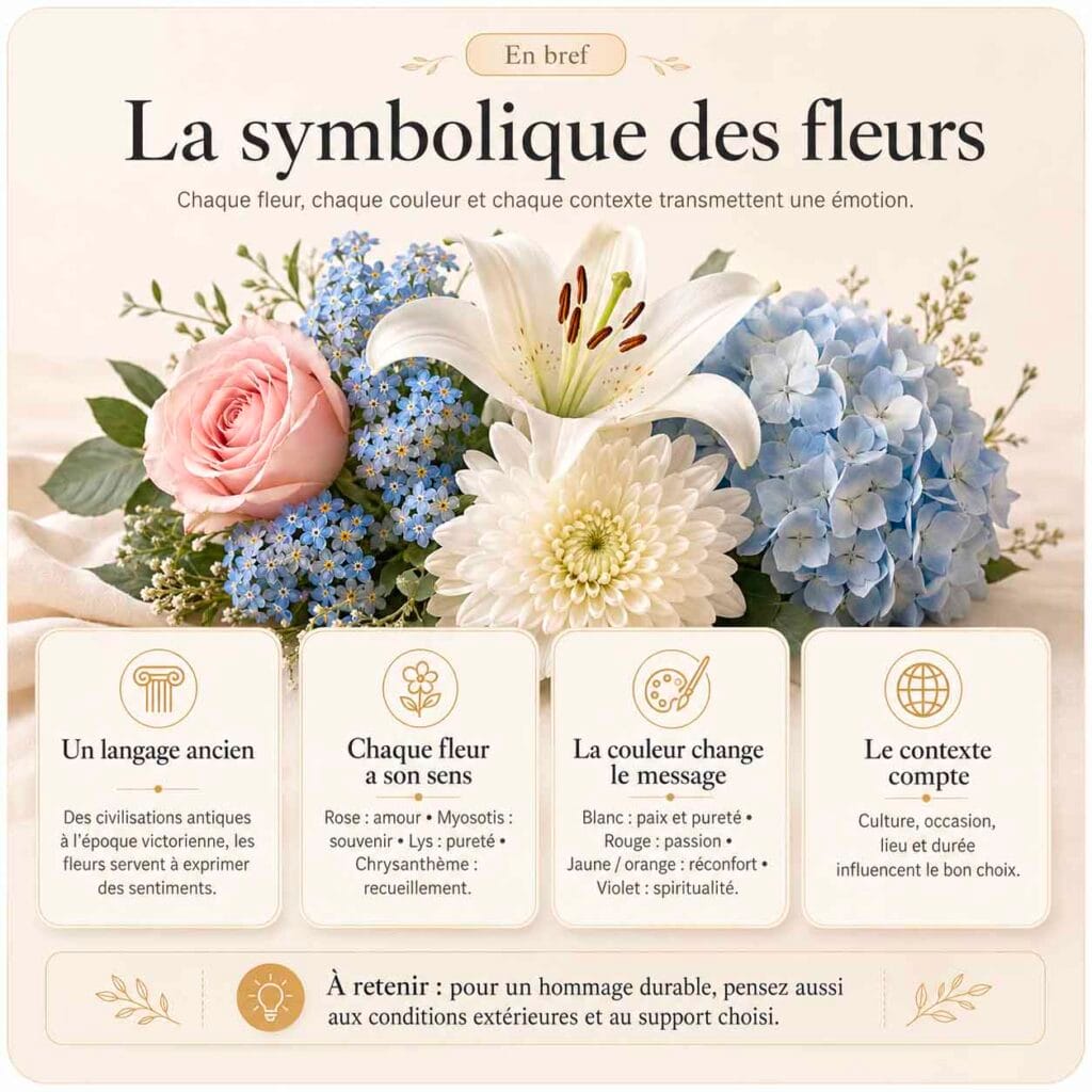 Infographie sur la symbolique des fleurs de la mort, expliquant le rôle des couleurs, des cultures et du contexte dans le choix floral.