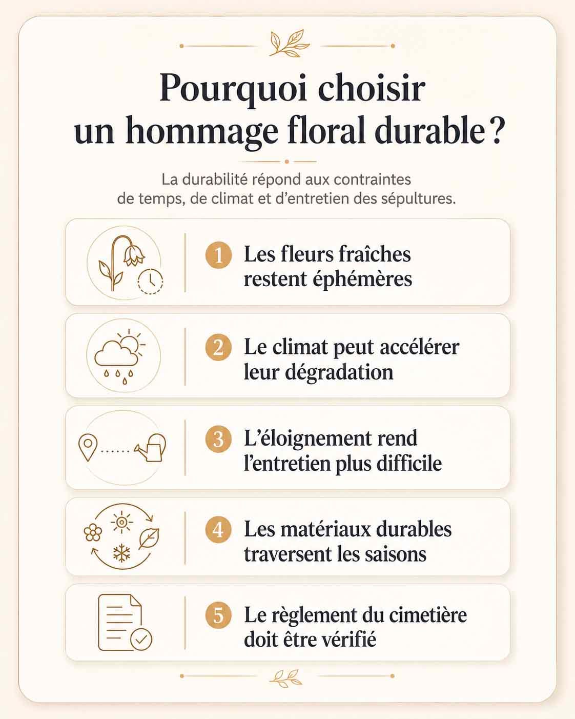 Infographie expliquant pourquoi choisir des fleurs de la mort durables pour une sépulture exposée au climat, au temps et aux contraintes d’entretien.