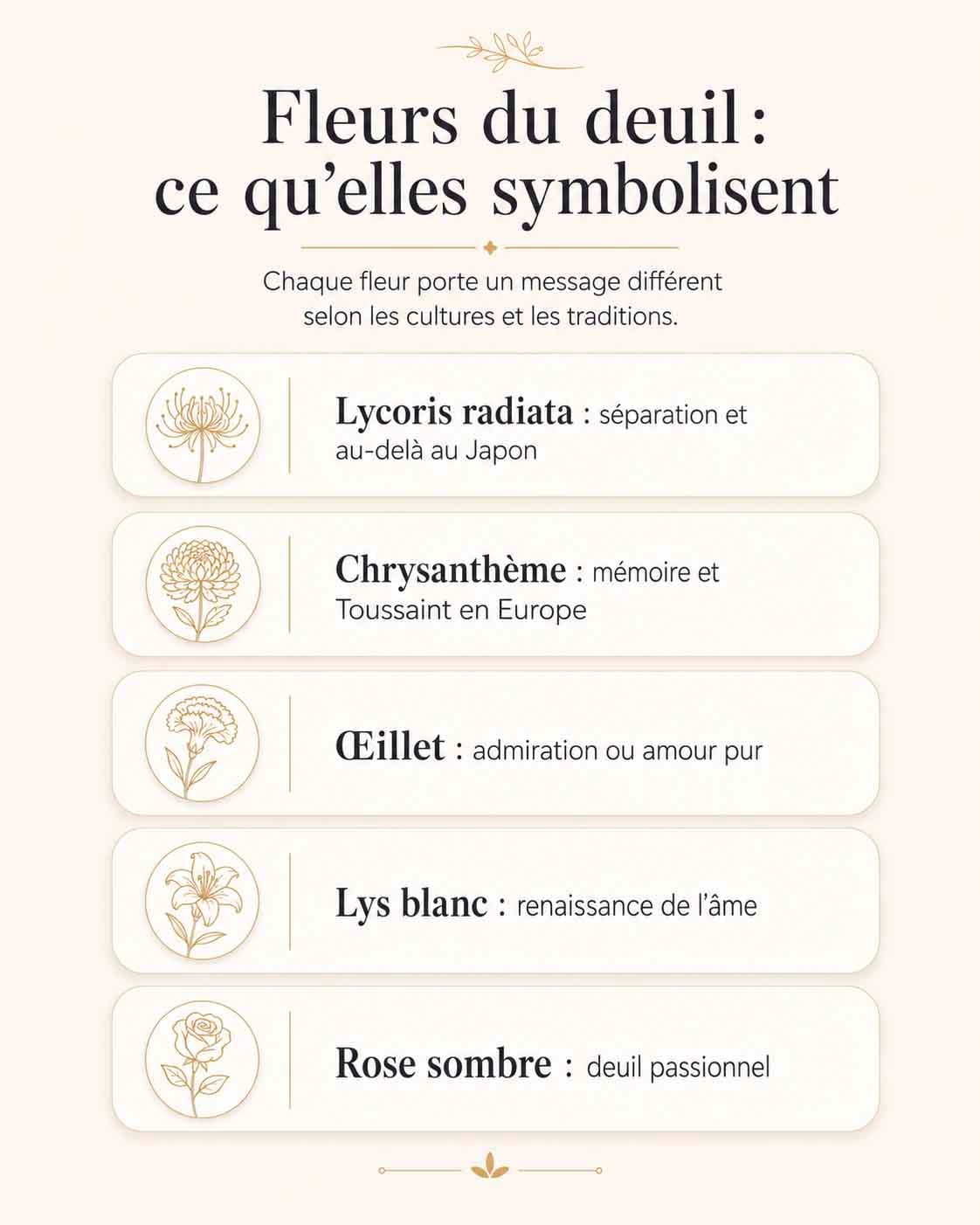 Infographie présentant les fleurs associées au deuil, dont le Lycoris radiata, le chrysanthème, l’œillet, le lys blanc et la rose sombre.