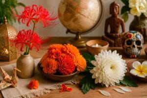 Fleurs de la mort associées aux traditions funéraires du Japon, du Mexique et d’Europe, avec Lycoris radiata rouge, Cempasúchil orange et chrysanthème blanc.
