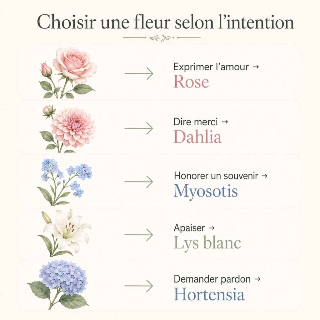 Infographie expliquant quelle fleur choisir selon l’intention : amour, merci, souvenir, apaisement ou pardon