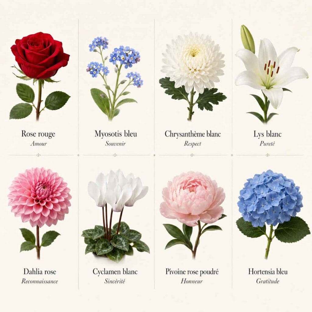 Infographie des principales fleurs symboliques, avec rose, myosotis, chrysanthème, lys, dahlia, cyclamen, pivoine et hortensia