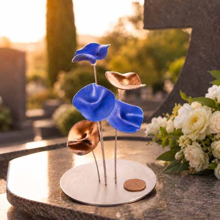 Bouquet artisanal de 5 fleurs en céramique sur embase ronde, fleurissement durable pour sépulture, sans entretien