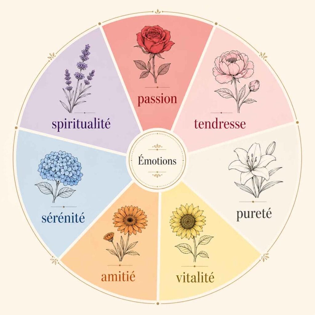 Roue illustrée présentant la signification des couleurs des fleurs : passion, tendresse, pureté, vitalité et sérénité