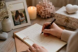 Personne écrivant une lettre à sa filleule près d’une photo souvenir, d’une bougie, de fleurs et d’un cœur décoratif, pour illustrer un message d’amour, de soutien ou d’hommage.