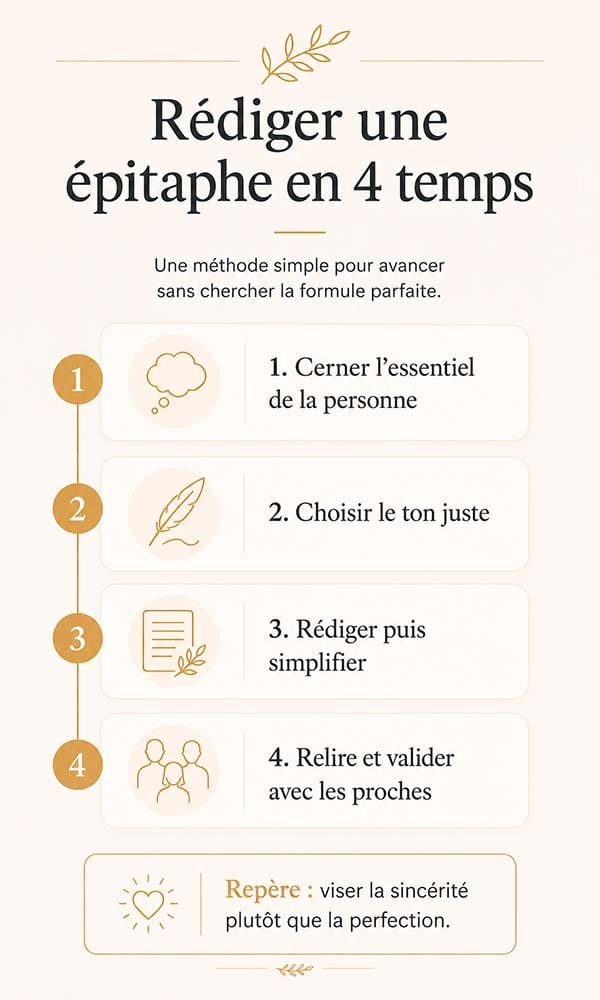 Infographie présentant les 4 étapes pour rédiger une épitaphe personnelle : cerner l’essentiel, choisir le ton, simplifier le texte et valider avec les proches.